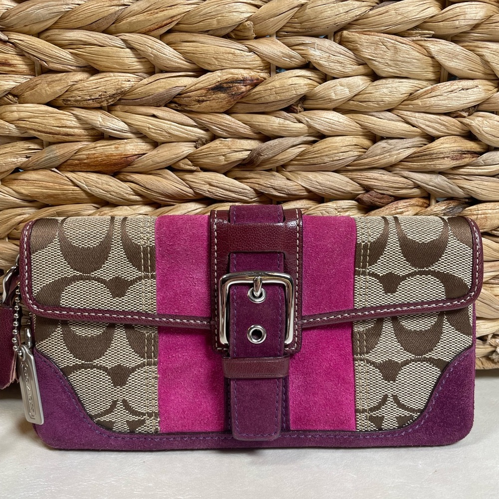 Coach Vintage Rare Signature Canvas & Pink Suede Wristlet with Buckle Closure